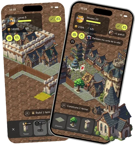 Two phones showing cities built in KUBBO from completed habits