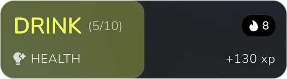 A habit card in KUBBO showing 5 of 10 glasses of water done, an 8-day count and 130 XP