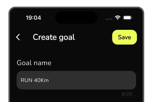 The create-goal screen in KUBBO with a goal named RUN 40Km