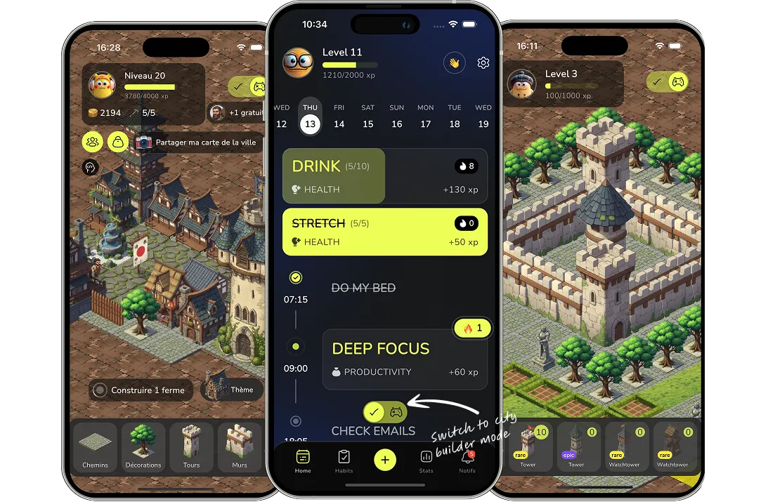 KUBBO app screens — daily habits, city builder and medieval empire