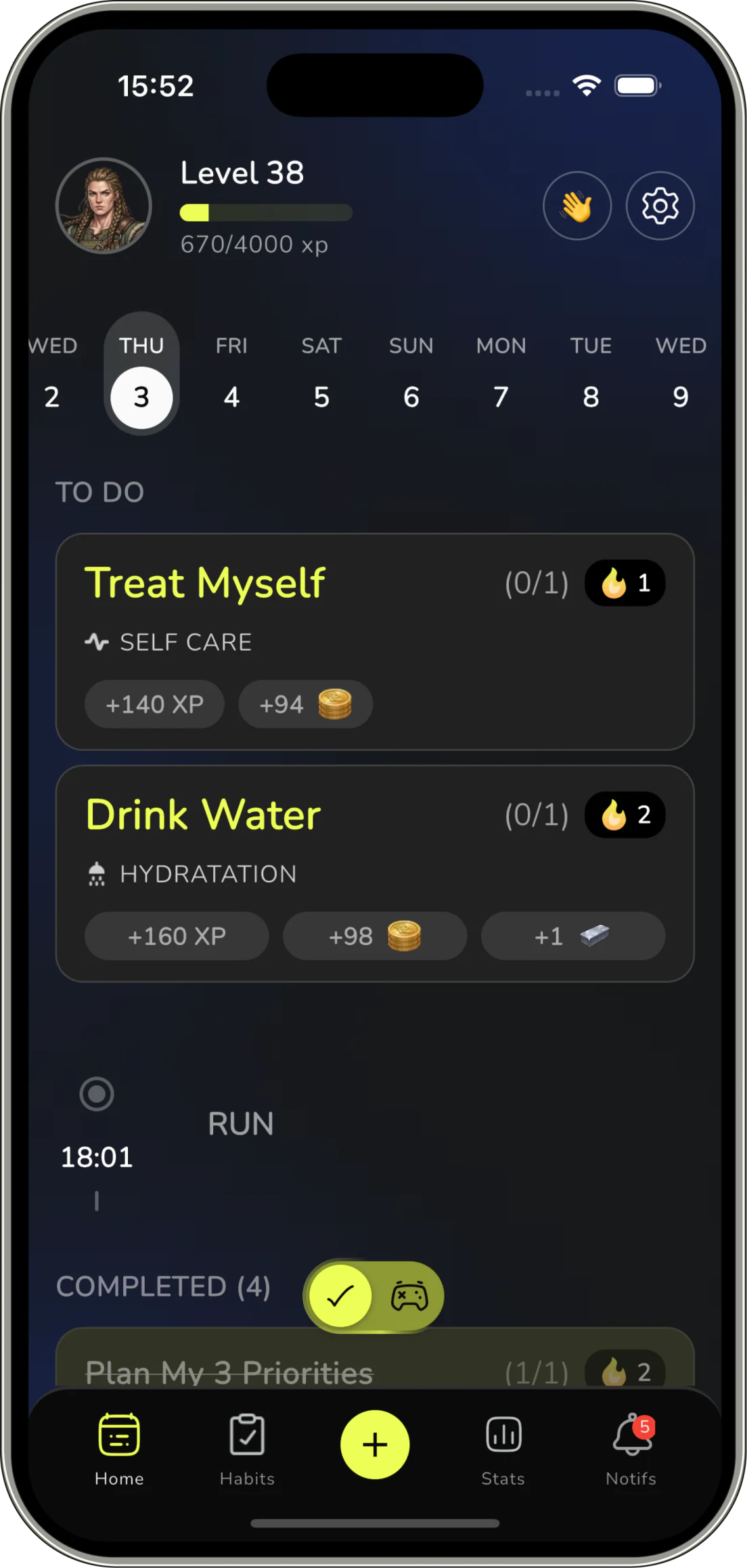 KUBBO daily habits and tasks screen
