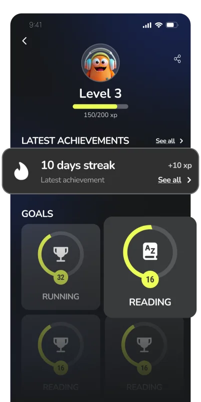 A profile screen in KUBBO showing level 3, a ten-day streak achievement, and goal rings for running and reading